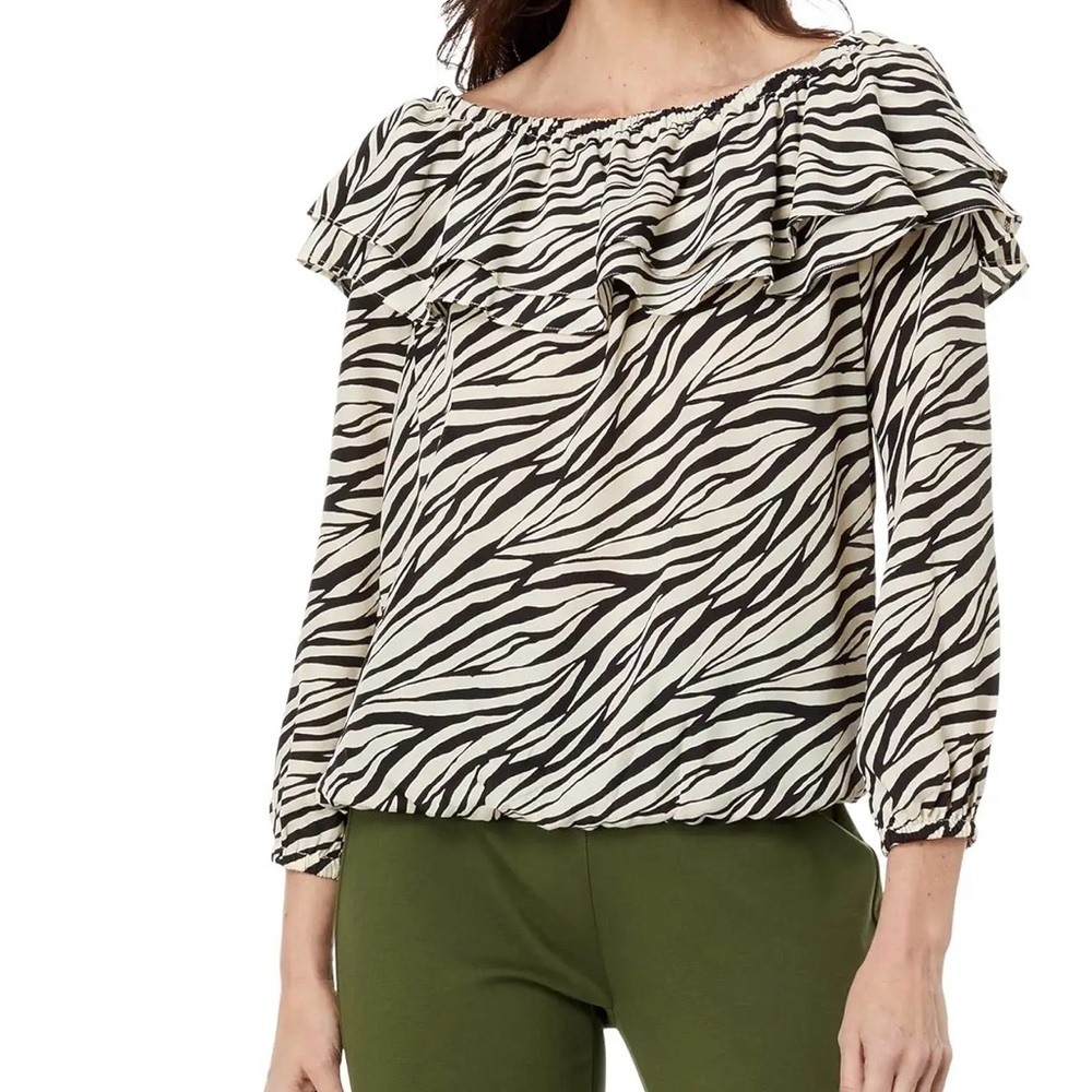Michael Kors Black and Tan Ruffled Blouse